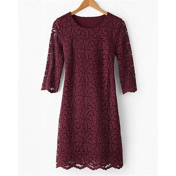Garnet Hill Burgundy Lace Overlay 3/4 Length Sleeve Dress - Picture 1 of 11
